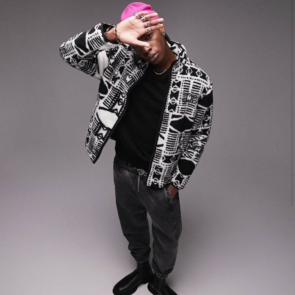 Topman borg jacket with all over pattern print in ecru